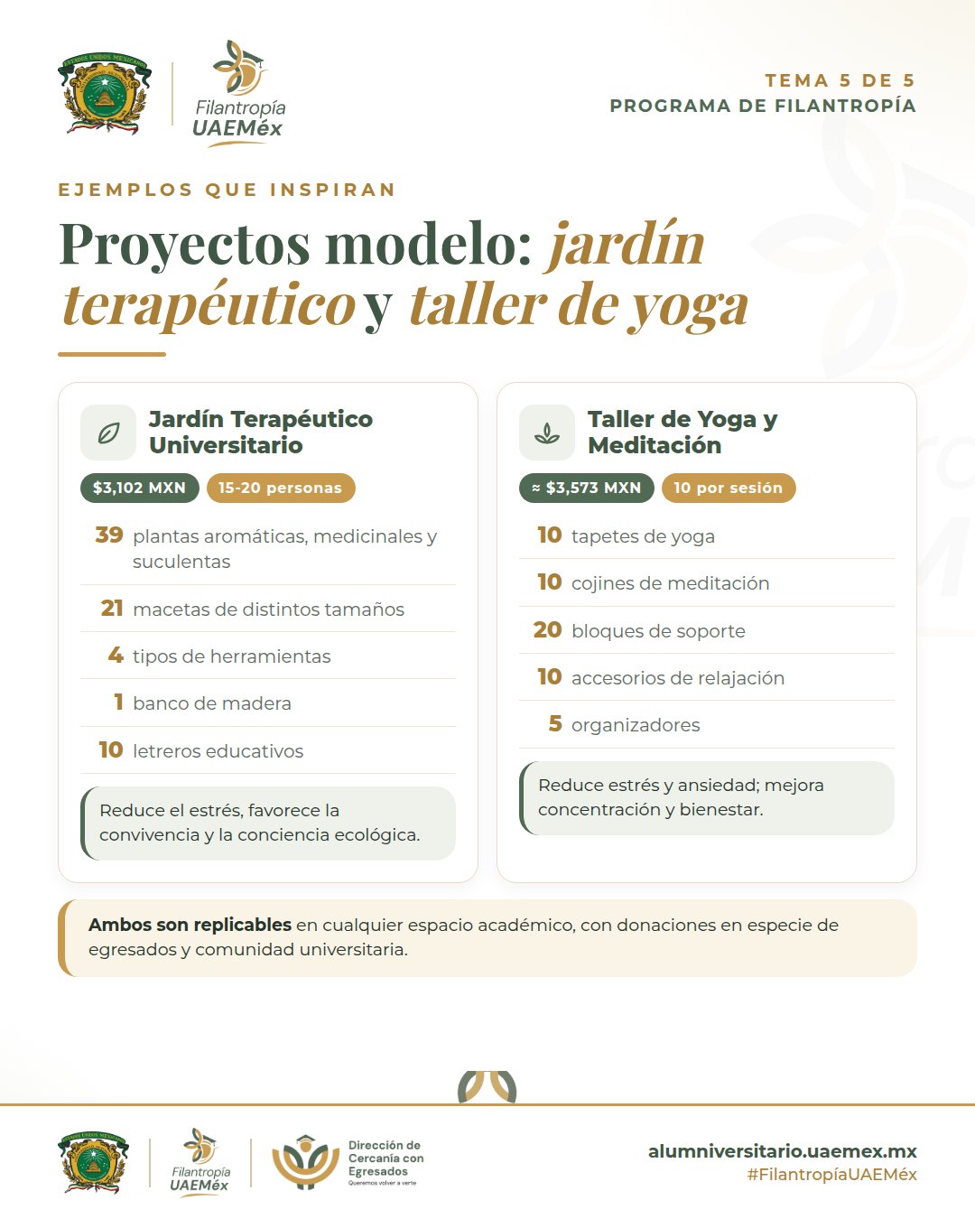 Infografía: Proyectos modelo, jardín terapéutico y taller de yoga.
